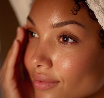 Žena sa peškirom oko glave neguje kožu lica dok stoji ispred ogledala