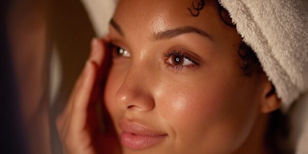 Žena sa peškirom oko glave neguje kožu lica dok stoji ispred ogledala