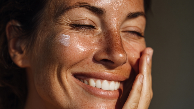 Nasmejana žena nanosi SPF kremu na lice