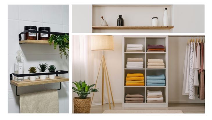 Police i otvorene niše sa uredno složenim peškirima, dekoracijama i organizovanim kupatilskim stvarima.