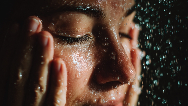 Žena umiva lice ispod tuša