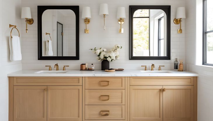 Elegantno kupatilo sa duplim lavaboom, drvenim ormarićima, zlatnim armaturama i crnim ogledalima u okviru.