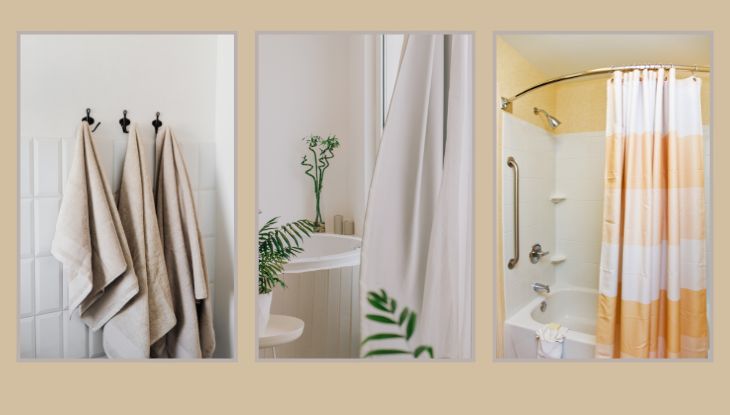 Peškiri na zidnim kukama, jednostavne zavese za tuš i detalji zelenila koji osvežavaju kupatilo.