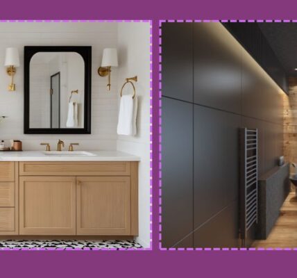 Moderni prikaz dva stilski različita kupatila, jedno svetlo sa drvenim elementima i drugo tamno sa luksuznim detaljima.