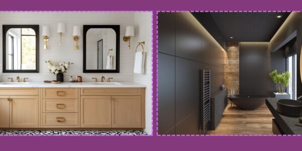 Moderni prikaz dva stilski različita kupatila, jedno svetlo sa drvenim elementima i drugo tamno sa luksuznim detaljima.