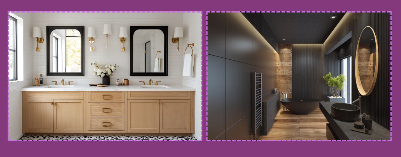 Moderni prikaz dva stilski različita kupatila, jedno svetlo sa drvenim elementima i drugo tamno sa luksuznim detaljima.