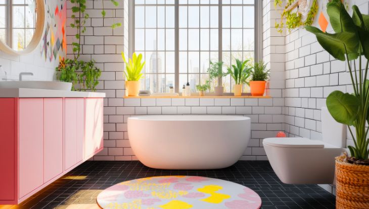Svetlo i šareno kupatilo sa slobodnostojećom kadom, roze ormarićima, crnim podom i mnoštvom zelenih biljaka.