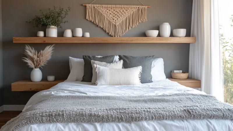 Skandinavska spavaća soba u neutralnim tonovima sa sivim zidom, belom posteljinom, drvenim policama i toplim bež detaljima