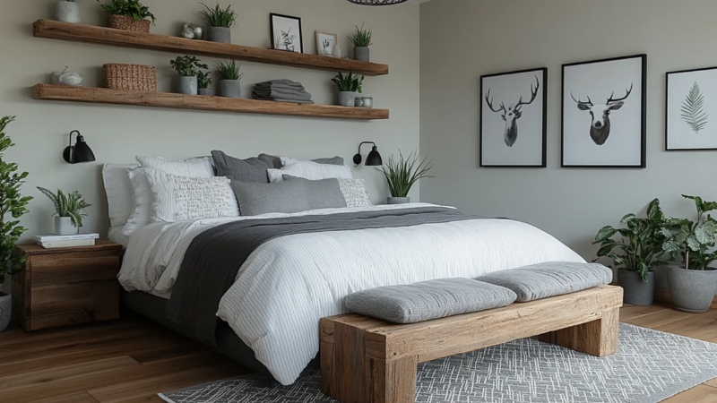 Mala skandinavska spavaća soba sa drvenim policama iznad kreveta, svetlom posteljinom, zelenim biljkama i funkcionalnim nameštajem