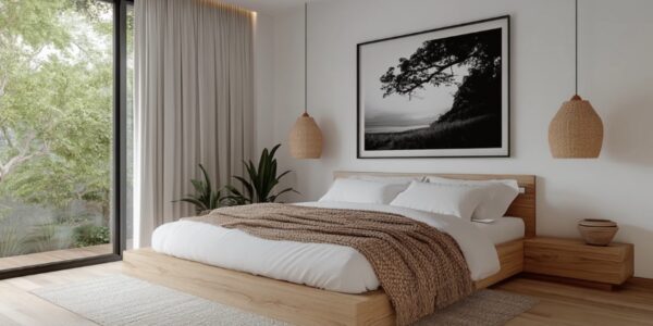 Spavaća soba u skandinavskom stilu sa drvenim krevetom, svetlim tekstilom i neutralnim tonovima