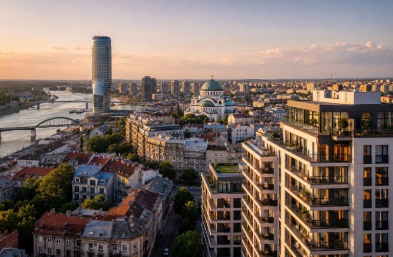 Panoramski pogled na Beograd sa spojem starije gradske arhitekture, moderne novogradnje i reke u pozadini