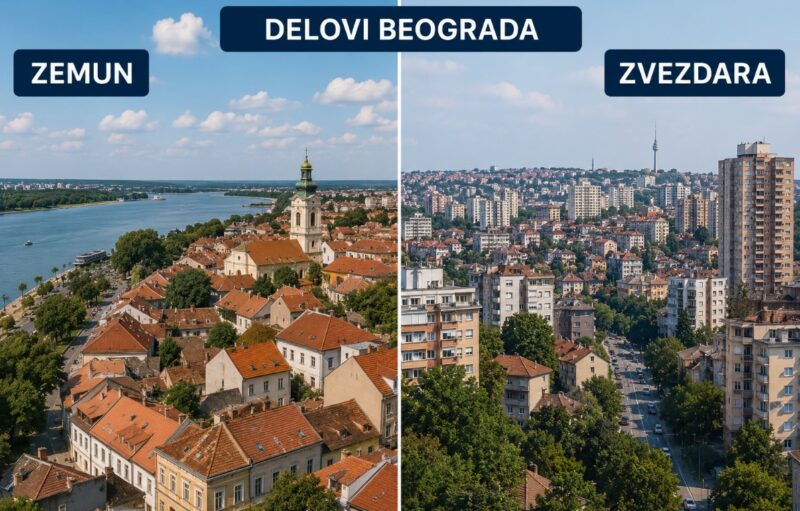 Podeljena panoramska slika prikazuje dva dela Beograda – Zemun sa rekom, šetalištem i starim krovovima na levoj strani, i Zvezdaru sa gustim stambenim zgradama, zelenilom i urbanim pogledom na desnoj strani.