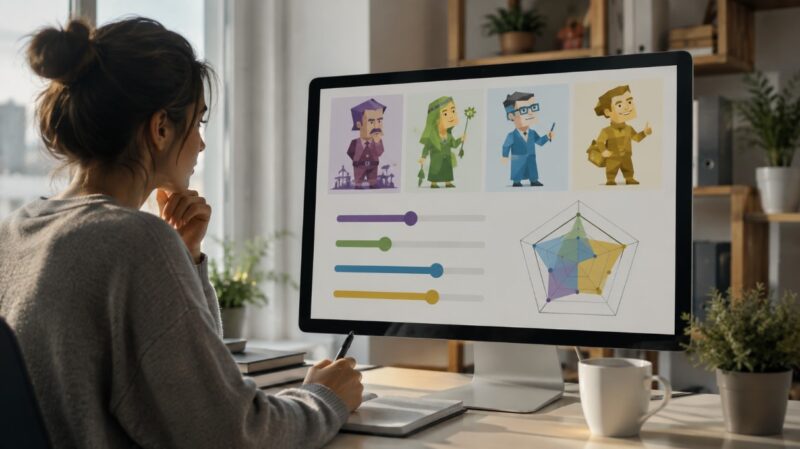 Žena analizira rezultate Myers-Briggs testa ličnosti prikazane kroz tipove i grafikone